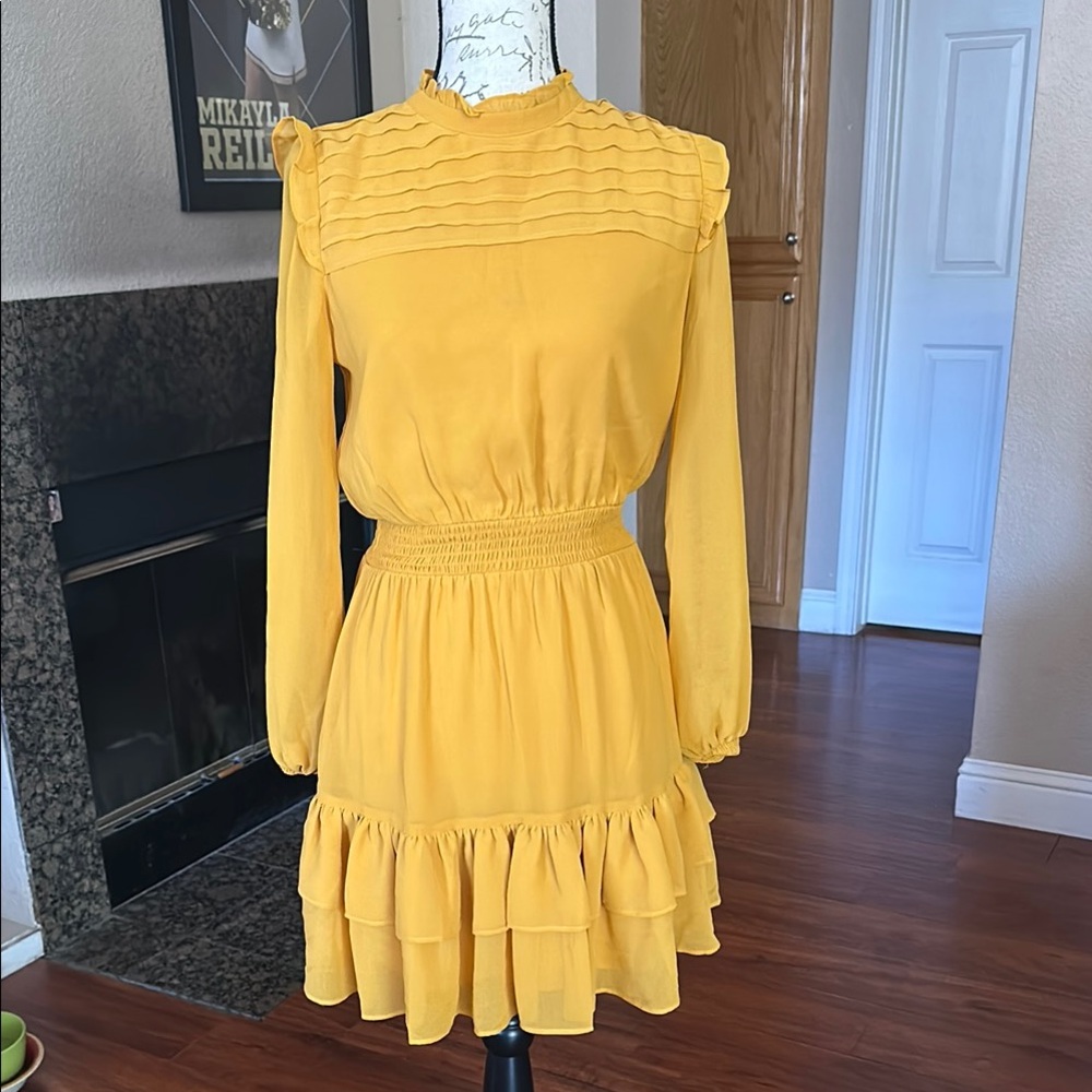 Yellow Pleated A-line Long Sleeve Dress